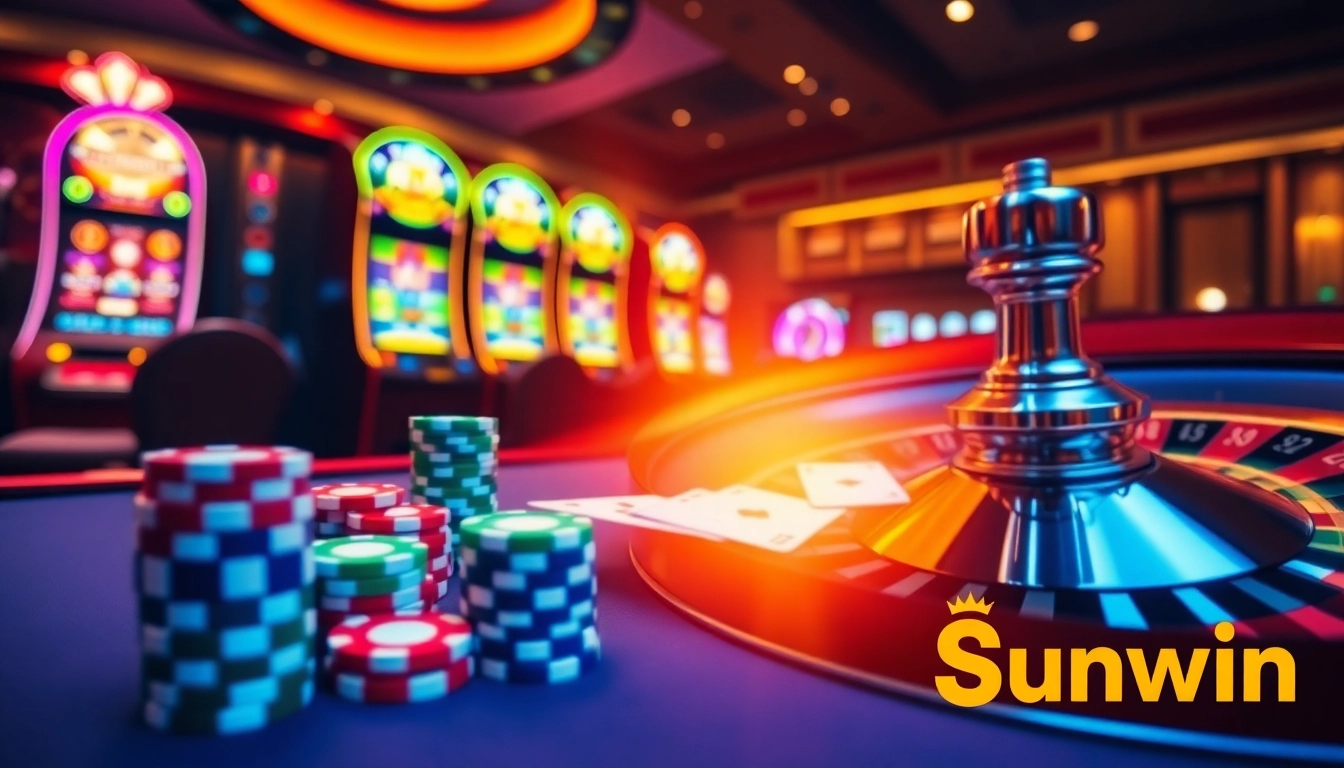 Sunwin casino setting showcasing a thrilling poker game with vibrant lights and poker chips.