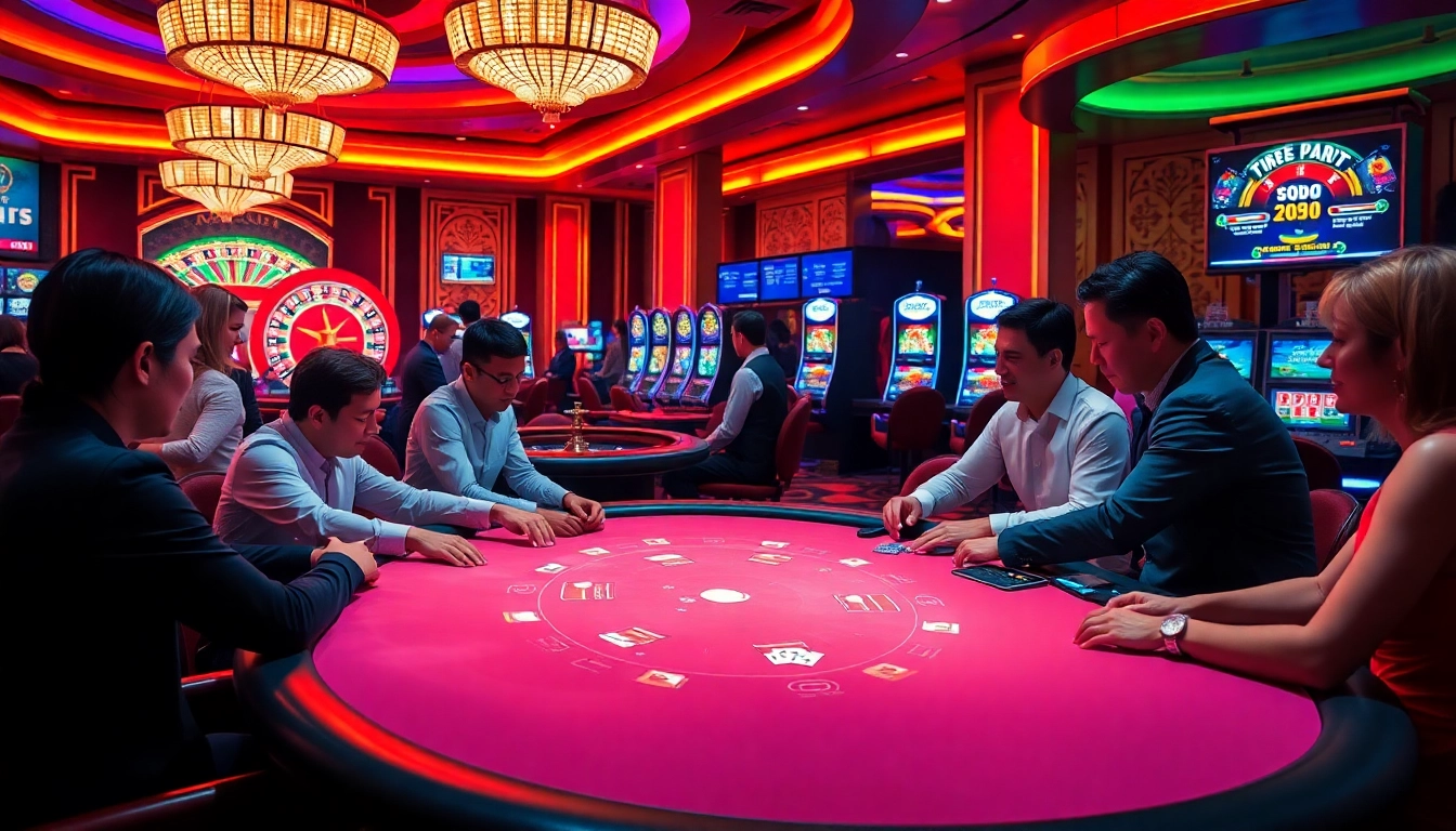 SODO CASINO players enjoying a thrilling poker game with vibrant casino ambiance.