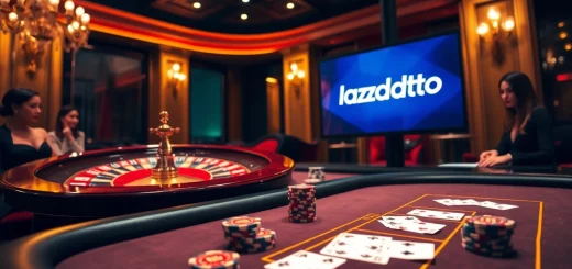 Lazadatoto players engaging at a luxury poker table in a vibrant casino atmosphere.