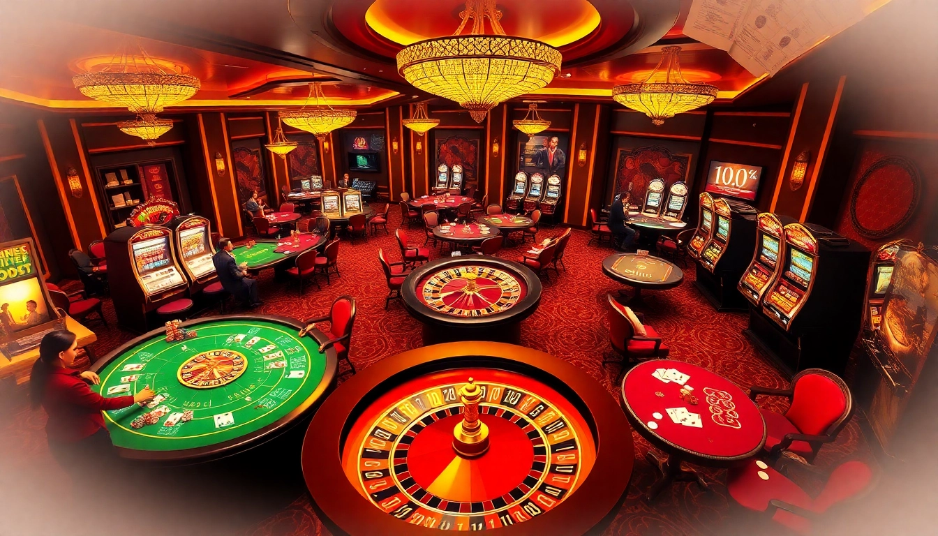 Experience thrilling gameplay at https://ok365t.fit/ with lively casino tables, poker chips, and spinning roulette wheels.