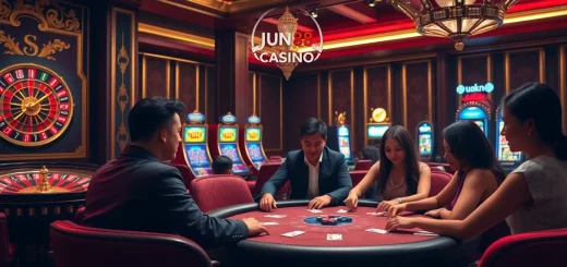 Players immersing in jun88 casino excitement with roulette, poker, and luxurious atmosphere.
