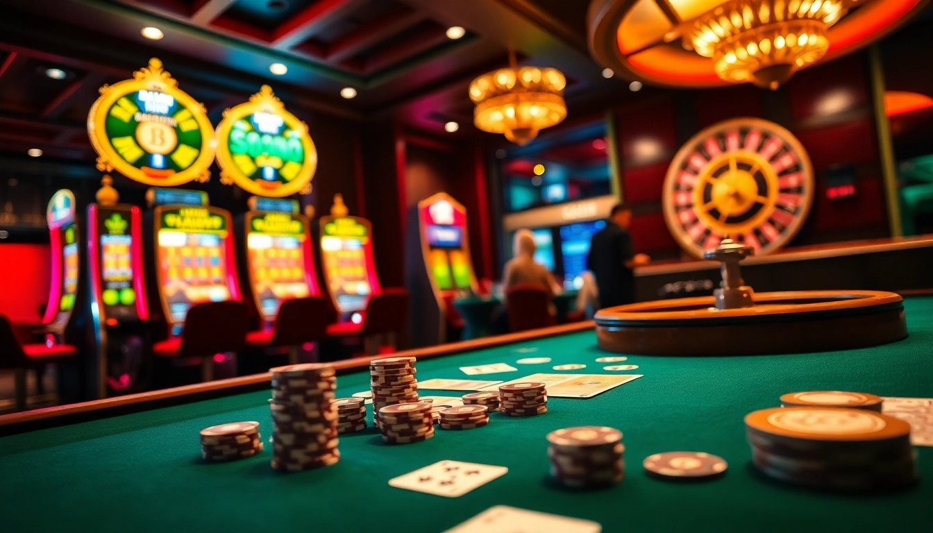 Kuwin gaming experience showcasing vibrant casino tables and roulette for an exciting betting atmosphere.