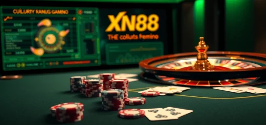 Exciting online gambling scene showcasing đăng ký xn88 with luxurious casino elements like cards, chips, and roulette.