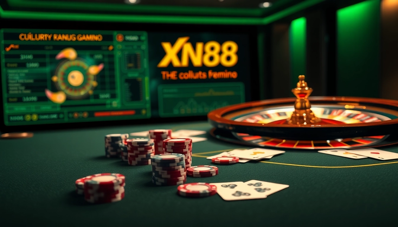 Exciting online gambling scene showcasing đăng ký xn88 with luxurious casino elements like cards, chips, and roulette.