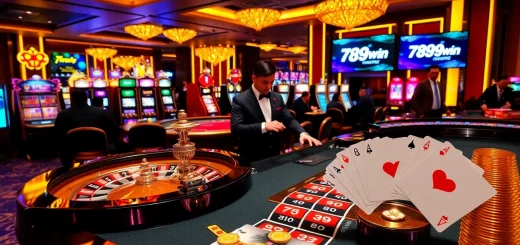 Excitement in a luxurious casino with the 789win logo featured prominently near poker tables.