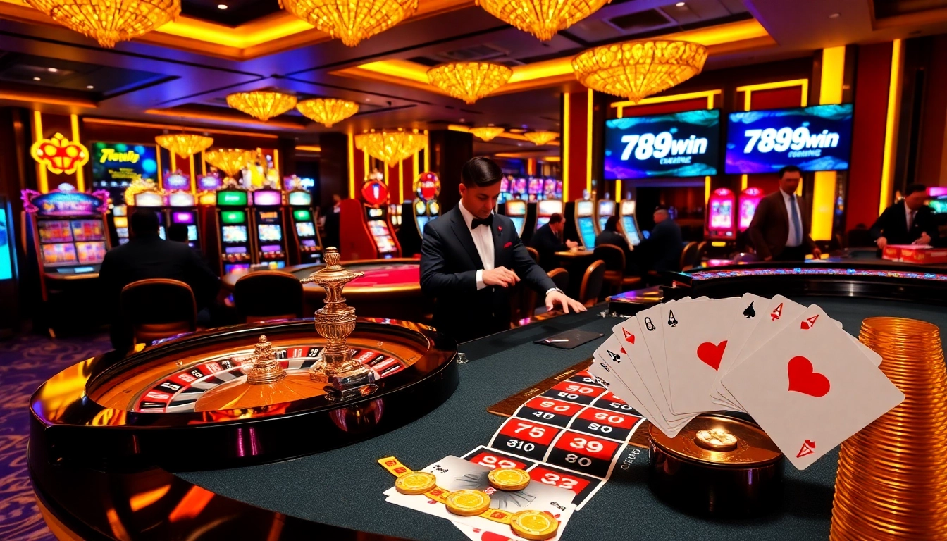 Excitement in a luxurious casino with the 789win logo featured prominently near poker tables.