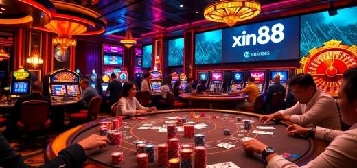 Experience thrilling poker games at Xin88 with vibrant casino lights and chips.