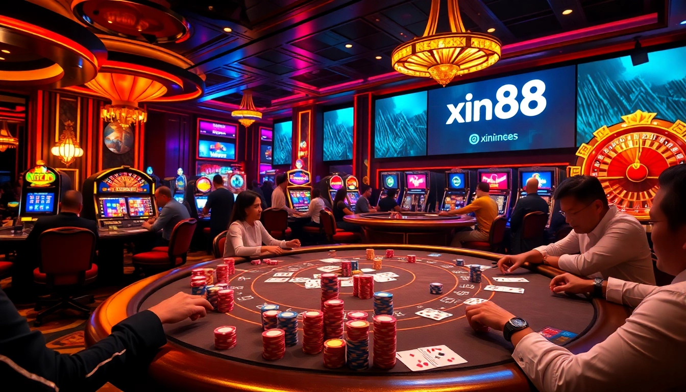 Experience thrilling poker games at Xin88 with vibrant casino lights and chips.