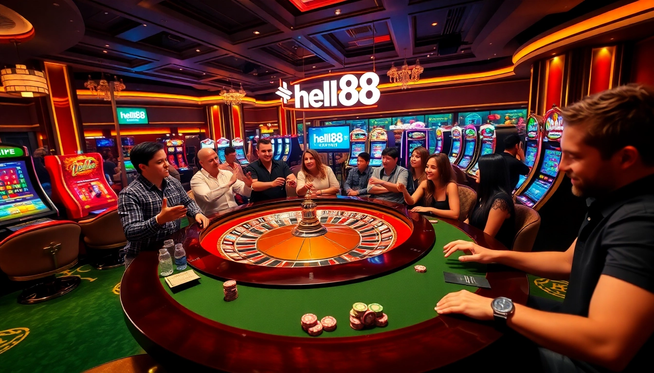 hello88 players enjoying a thrilling game at a luxurious roulette table in a vibrant casino.