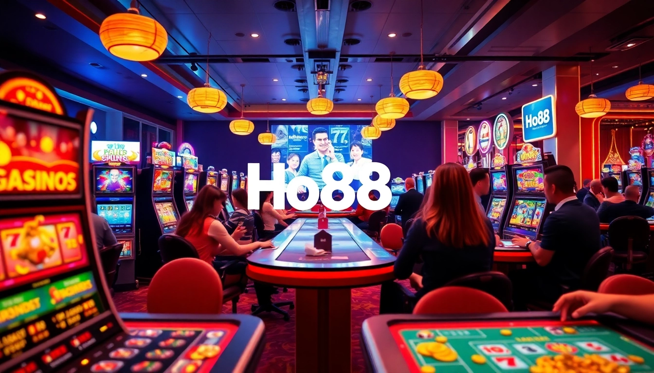 Exciting online gambling experience at Ho88, showcasing vibrant slot machines and live dealers.