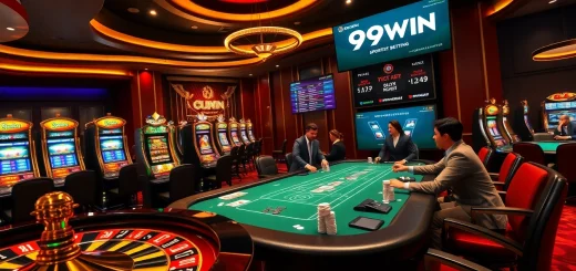 Players enjoying vibrant slot machines and poker tables at 99WIN casino.