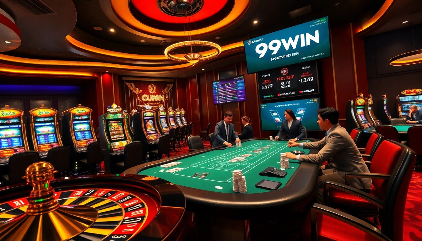 Players enjoying vibrant slot machines and poker tables at 99WIN casino.