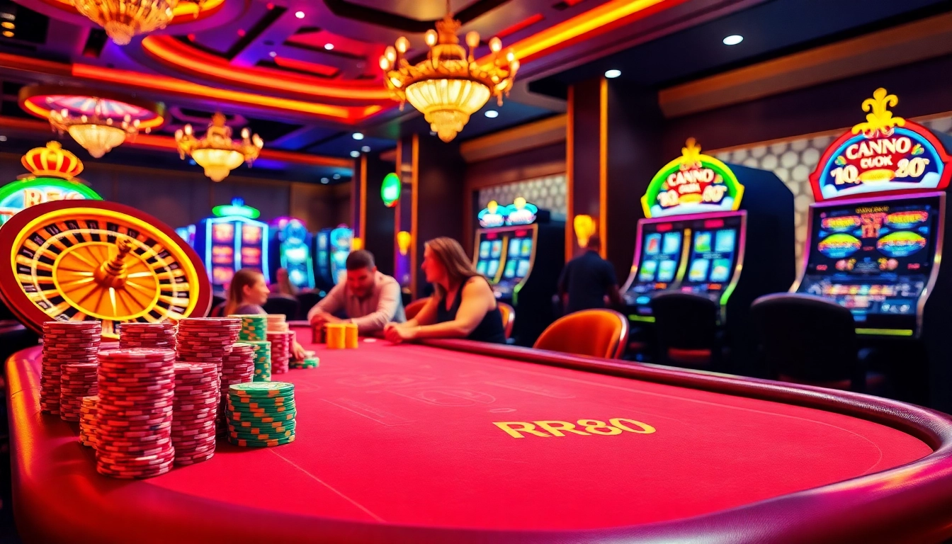 Players enjoying an exciting game at the RR88 casino table surrounded by vibrant slot machines.