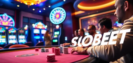 SBOBET players engaging at a vibrant casino poker table with roulette wheel and slot machines.