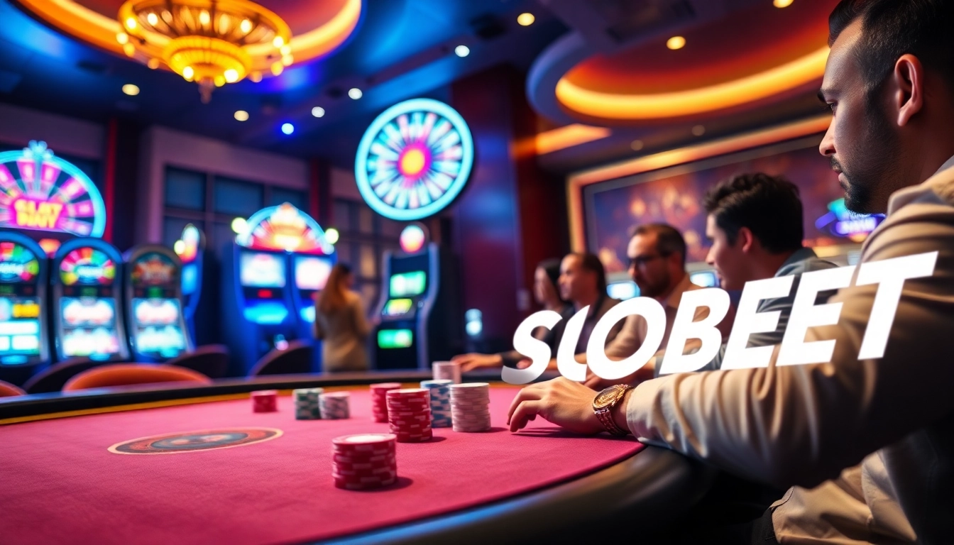 SBOBET players engaging at a vibrant casino poker table with roulette wheel and slot machines.