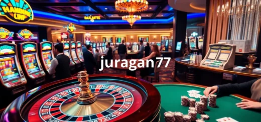 Experience the thrill of gameplay with juragan77 at a luxurious casino featuring roulette and vibrant slot machines.