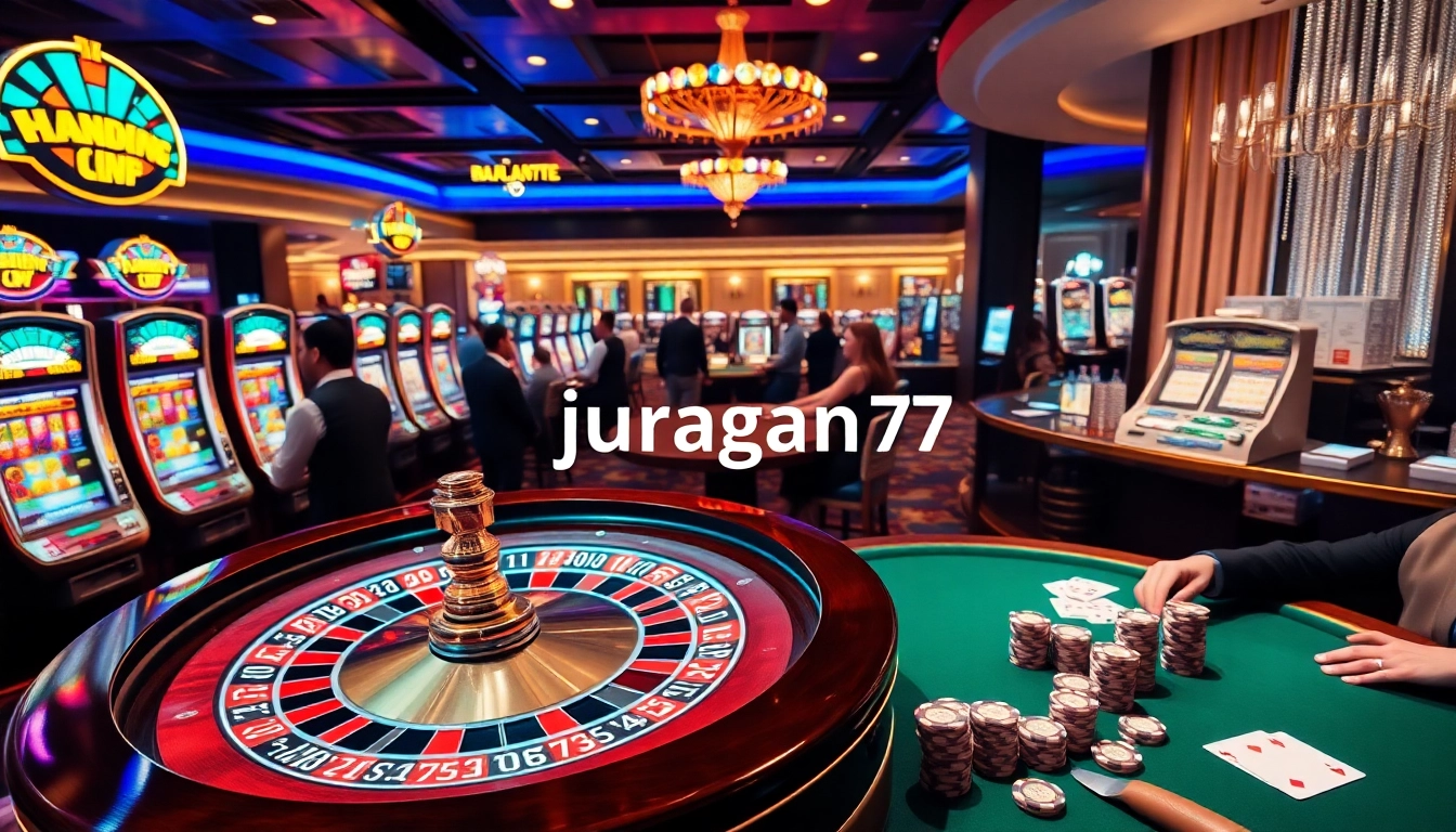 Experience the thrill of gameplay with juragan77 at a luxurious casino featuring roulette and vibrant slot machines.