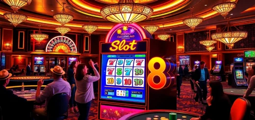 Players celebrate big wins at a luxurious slot 88 gaming machine in an upscale casino.