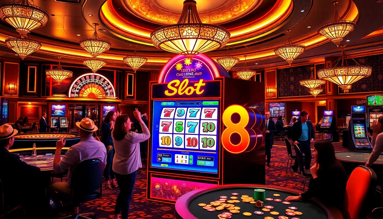 Players celebrate big wins at a luxurious slot 88 gaming machine in an upscale casino.