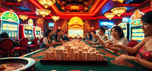 Players enjoy mahjong ways slot game excitement at a vibrant casino table.