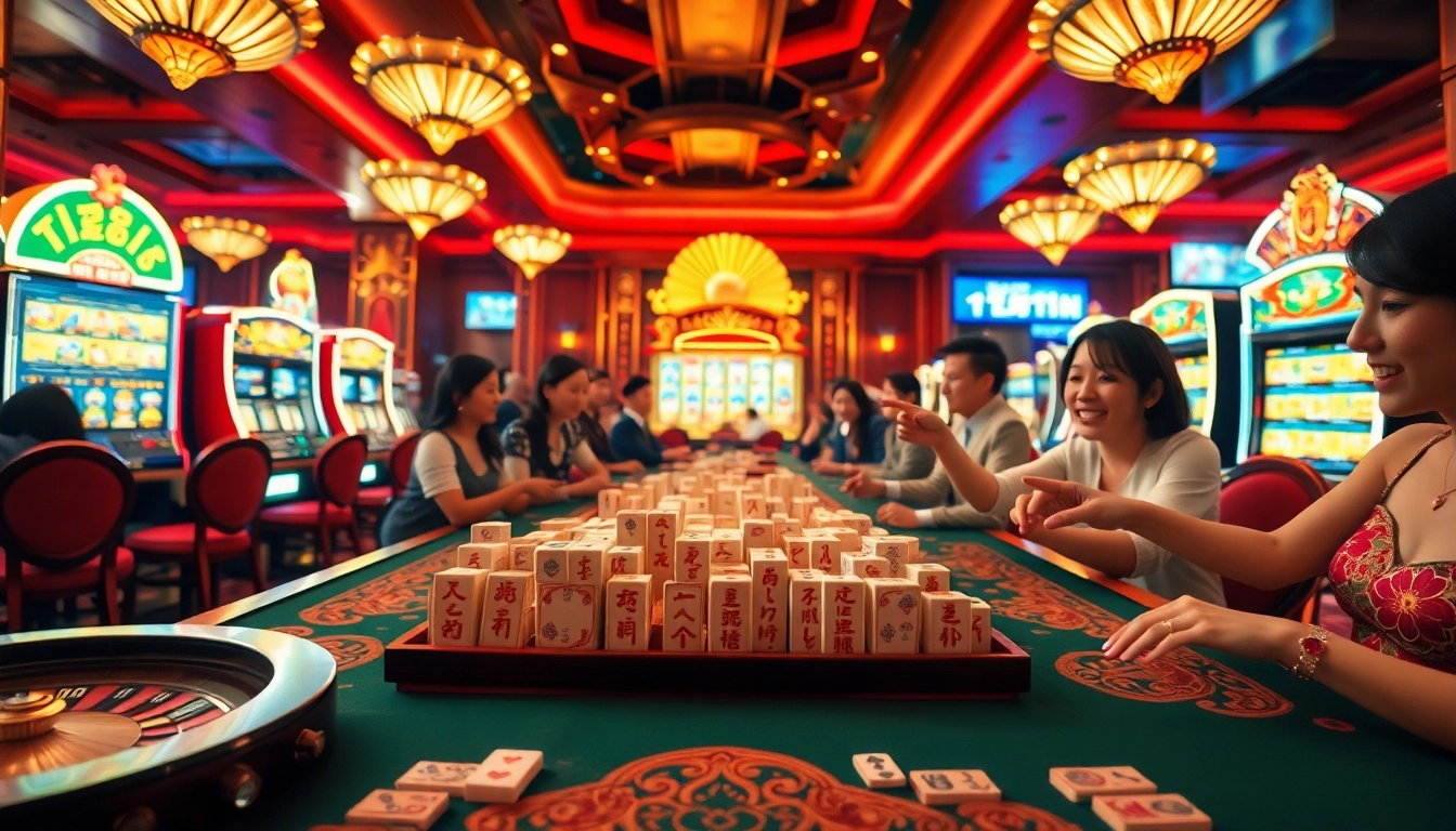 Players enjoy mahjong ways slot game excitement at a vibrant casino table.