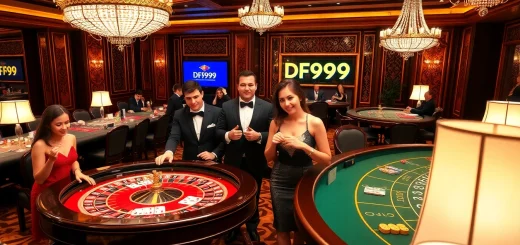 Gambling at DF999 casino with dynamic roulette and blackjack tables, excitement in the air.