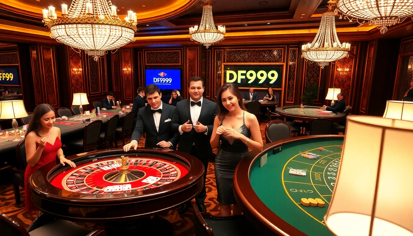 Gambling at DF999 casino with dynamic roulette and blackjack tables, excitement in the air.