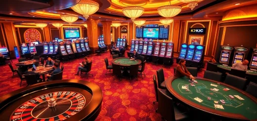KJC thriving at a vibrant casino floor featuring roulette, poker tables, and glimmering slot machines.