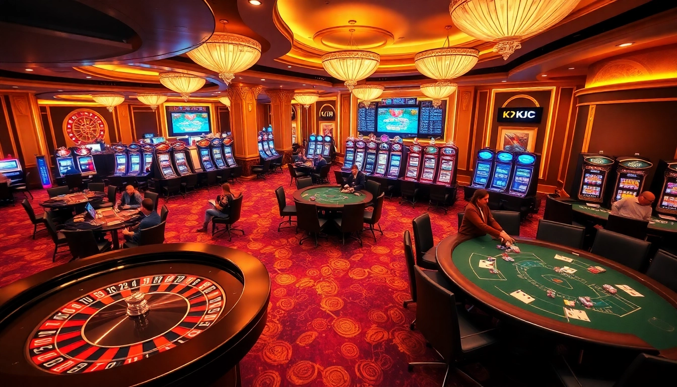 KJC thriving at a vibrant casino floor featuring roulette, poker tables, and glimmering slot machines.
