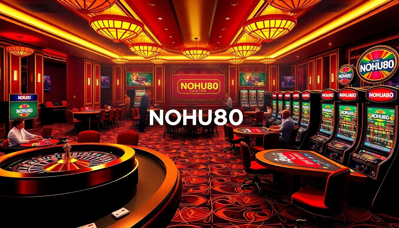 Players enjoying a thrilling gaming experience at NOHU90's vibrant casino with roulette and slot machines.