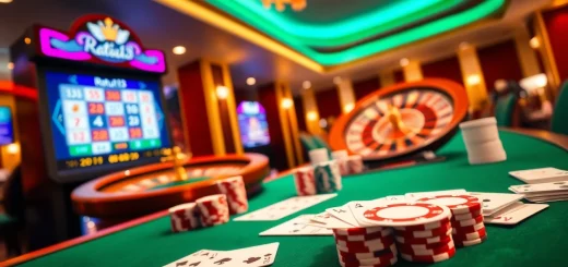 Ratu123 menawarkan pengalaman perjudian online yang menarik dengan mesin slot yang berwarna-warni dan keping poker.