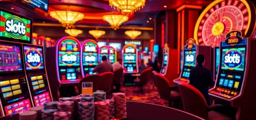 Experience thrilling slot demo gameplay with colorful machines in a festive casino atmosphere.