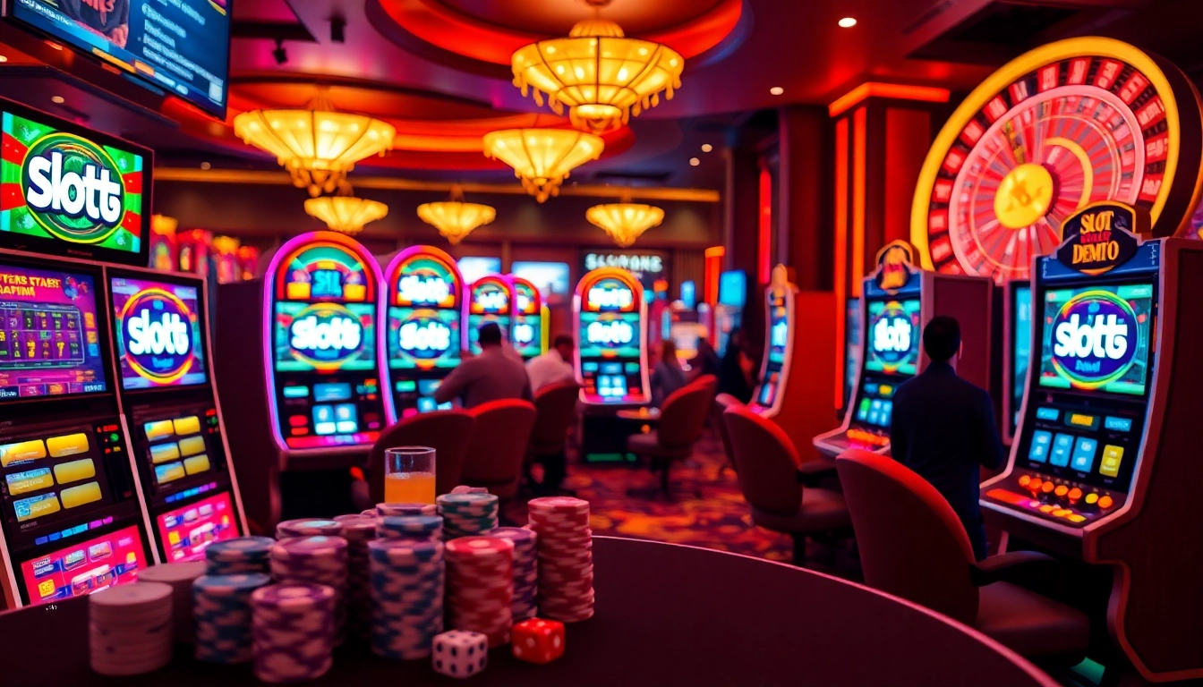 Experience thrilling slot demo gameplay with colorful machines in a festive casino atmosphere.