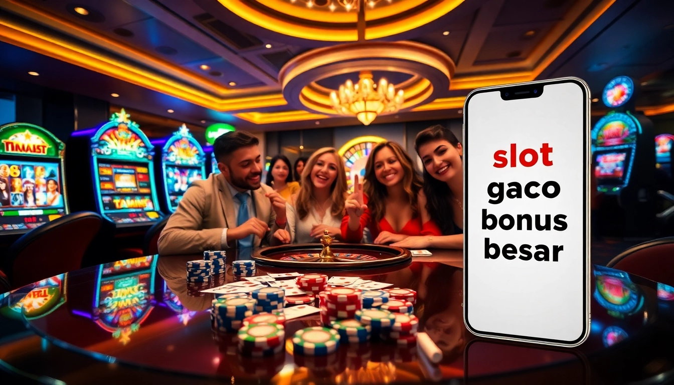 Players celebrating wins at slot gacor bonus besar machines in a vibrant casino setting.