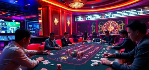 Nohu-themed poker table with vibrant colors and players enjoying high-stakes gambling.