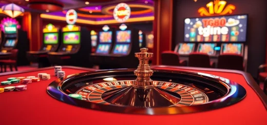 Exciting casino scene showcasing tg88 roulette table and vibrant slot machines for gamblers.