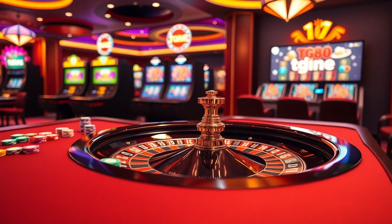 Exciting casino scene showcasing tg88 roulette table and vibrant slot machines for gamblers.