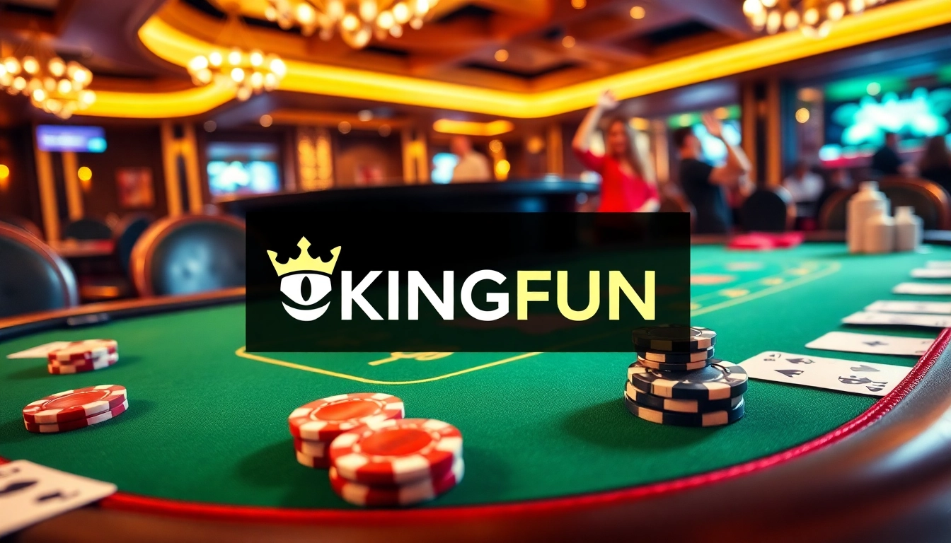 Kingfun logo shines at an elegant poker table, showcasing luxury and excitement in the casino scene.