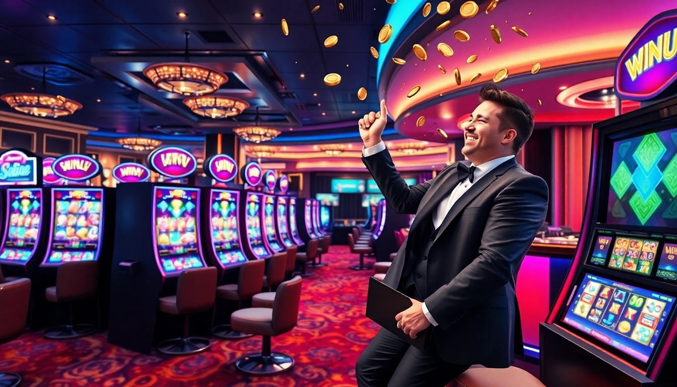 Experience slot gacor excitement with vibrant slot machines spinning and coins cascading in a luxurious casino scene.