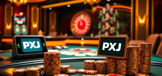 Experience high-stakes gambling with the PXJ logo featured prominently among poker chips and a roulette wheel.