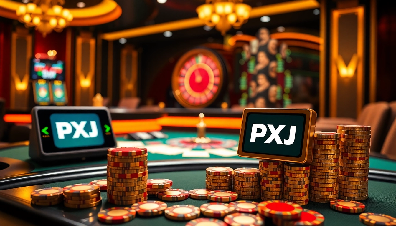 Experience high-stakes gambling with the PXJ logo featured prominently among poker chips and a roulette wheel.