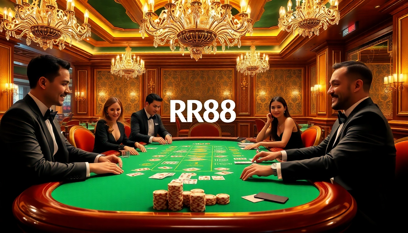 Engaging in a thrilling baccarat game at RR88, featuring luxurious casino elements and professional players.