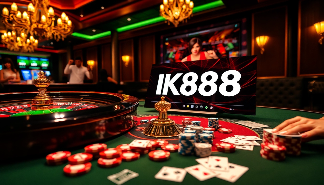 NK88 online casino scene with luxury gaming tables, cards, and chips creating an inviting atmosphere.