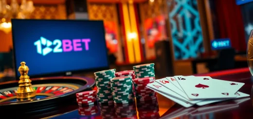 Win big with 12BET in an exciting casino setting featuring poker chips and a roulette wheel.