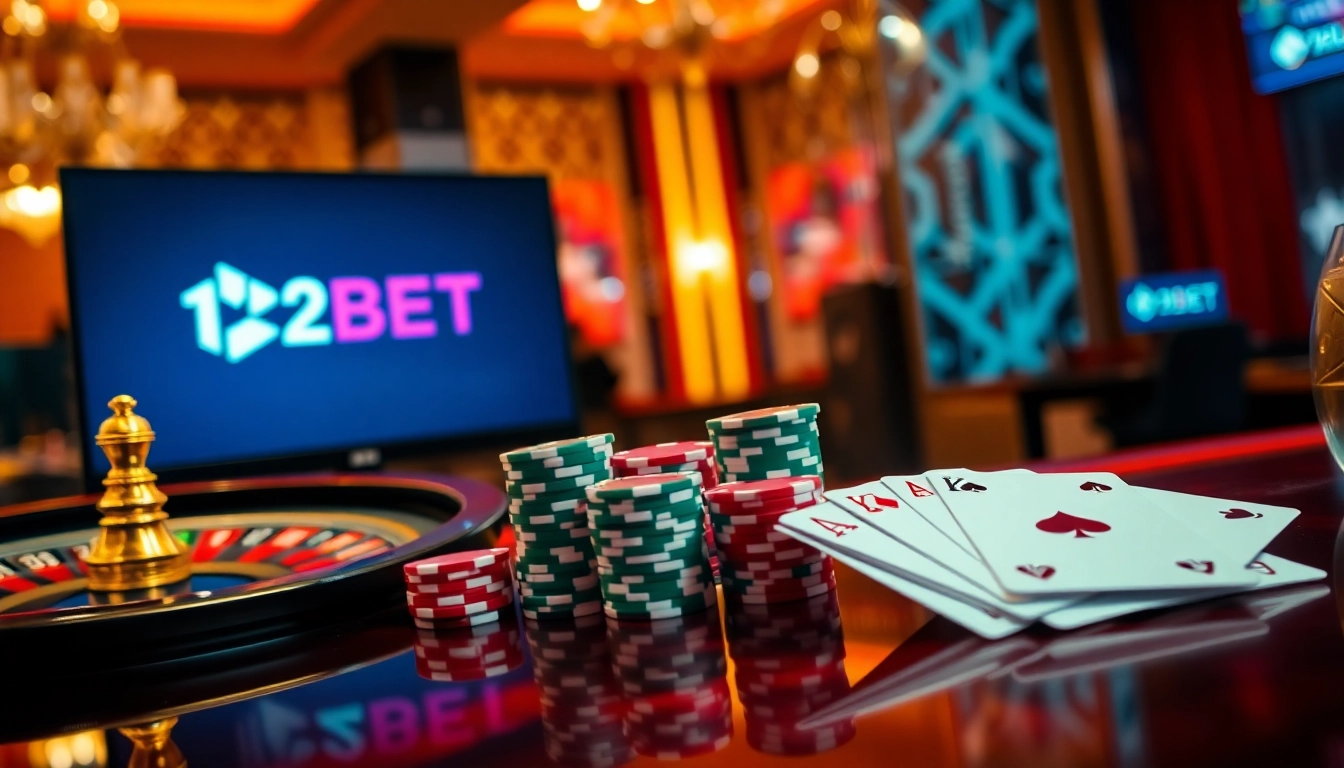 Win big with 12BET in an exciting casino setting featuring poker chips and a roulette wheel.