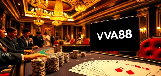 VA88 poker scene featuring vibrant decor and excited players around a high-stakes table.