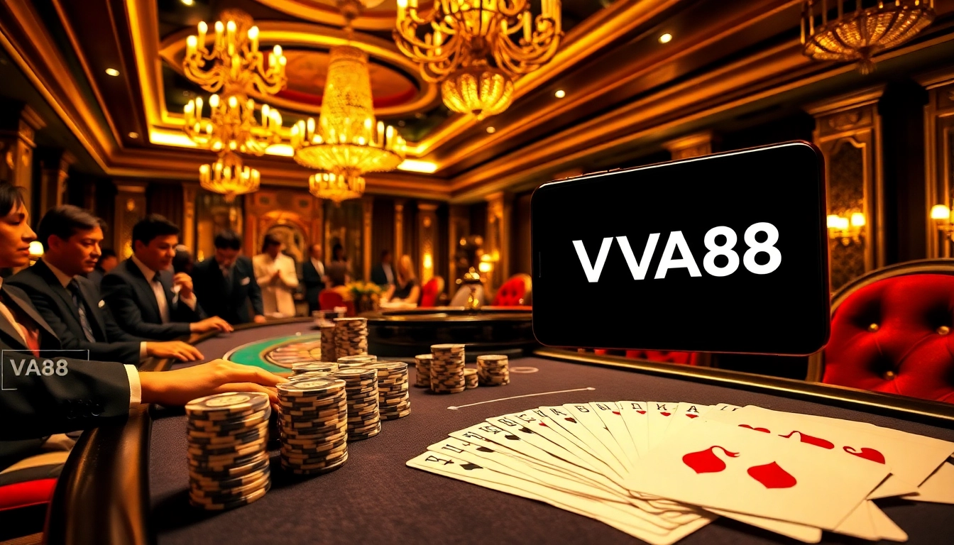 VA88 poker scene featuring vibrant decor and excited players around a high-stakes table.