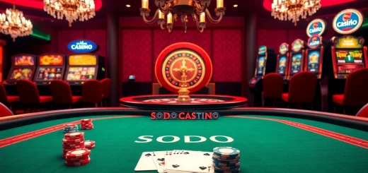 Experience the excitement at SODO CASINO with players actively engaging at a poker table and roulette wheel.