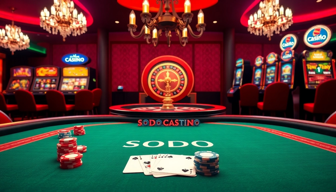 Experience the excitement at SODO CASINO with players actively engaging at a poker table and roulette wheel.