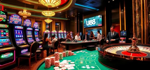 Engaged gamers exploring UU88 online casino with vibrant slot machines and casino tables.
